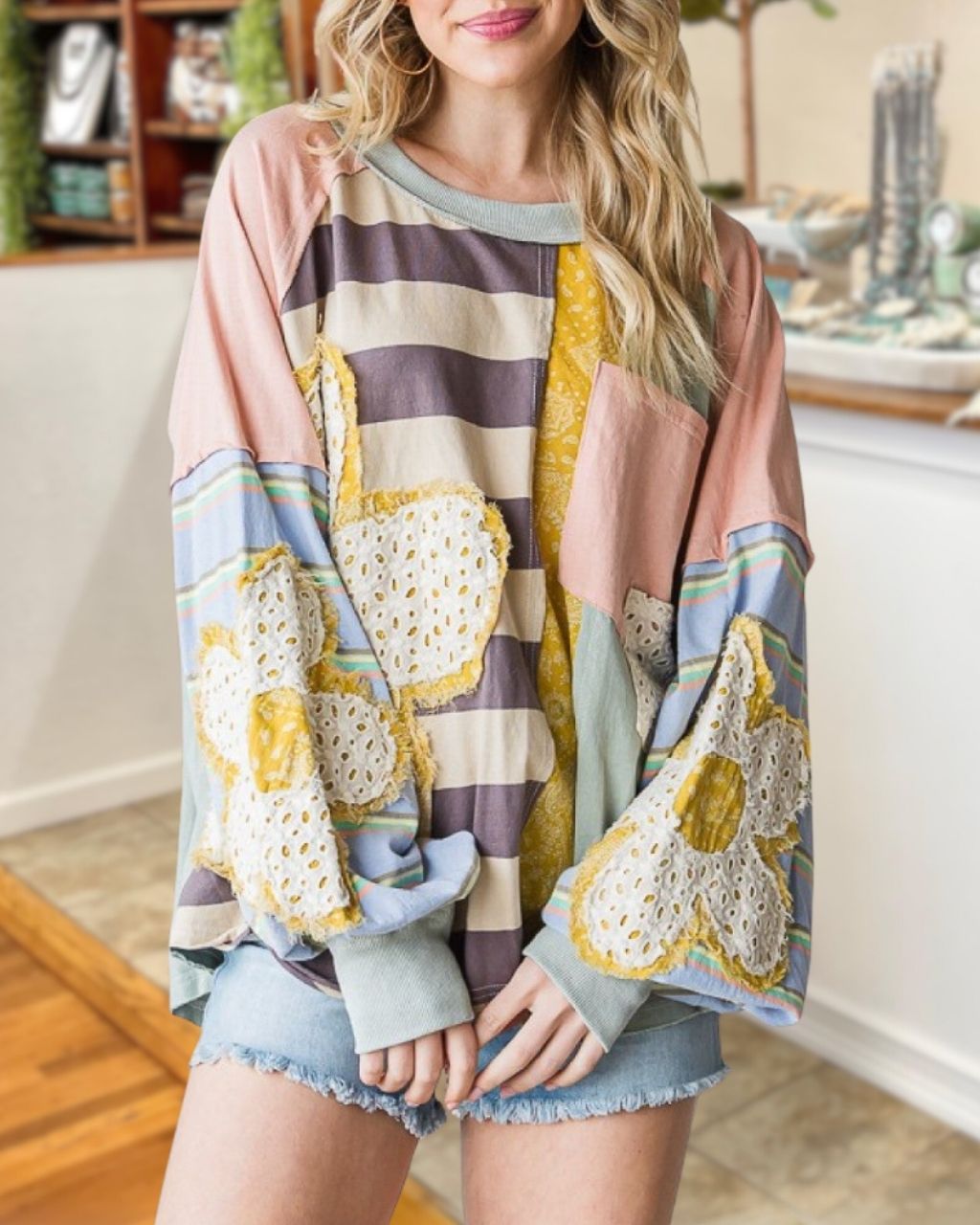 Daisy Patterned Patchwork Top