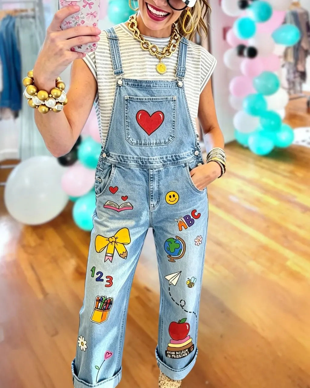 Back-to-School Themed Printed Denim Overalls