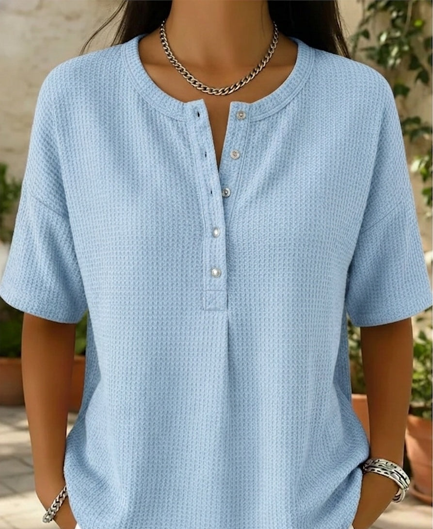 New Arrivals🔥Women’s Casual Loose Waffle Round-neck Buttoned Henley Shirt