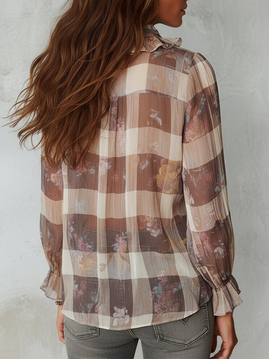 CLEARANCE SALE✨ Plaid Print V Neck Long Sleeve Blouse