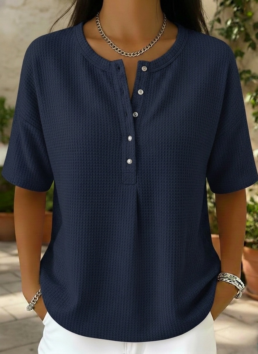 New Arrivals🔥Women’s Casual Loose Waffle Round-neck Buttoned Henley Shirt