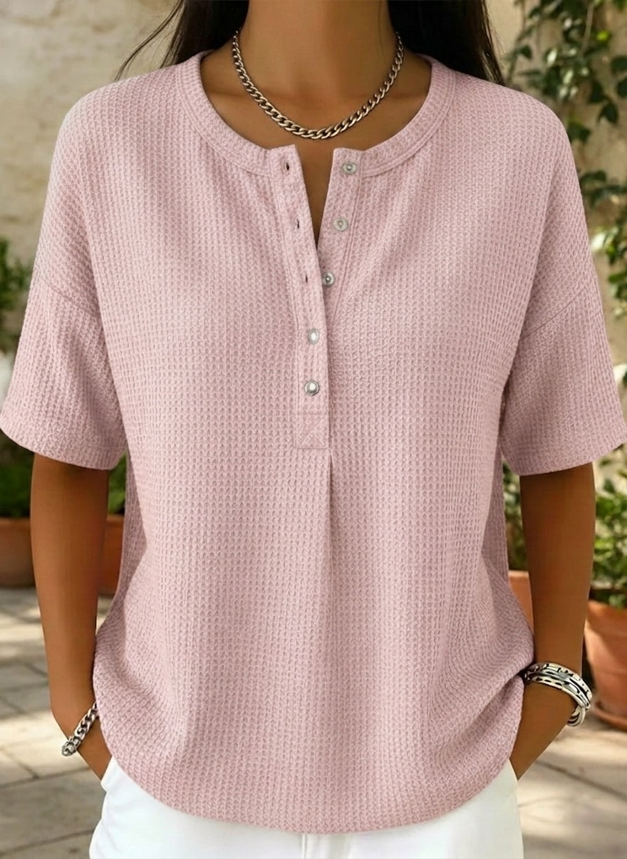 New Arrivals🔥Women’s Casual Loose Waffle Round-neck Buttoned Henley Shirt