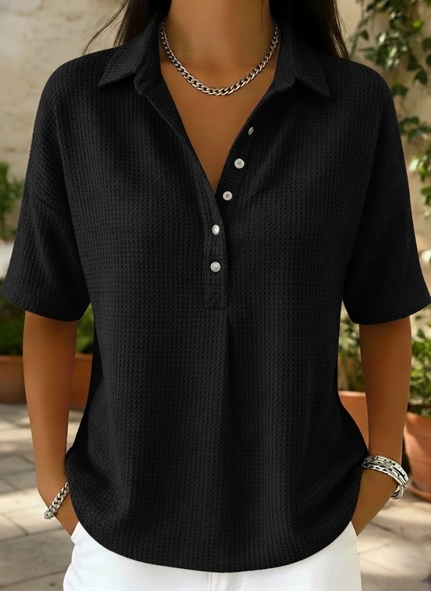 New Arrivals🔥Women’s Casual Loose Waffle Round-neck Buttoned Henley Shirt