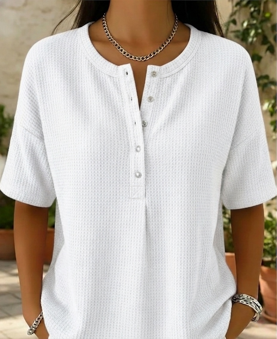 New Arrivals🔥Women’s Casual Loose Waffle Round-neck Buttoned Henley Shirt