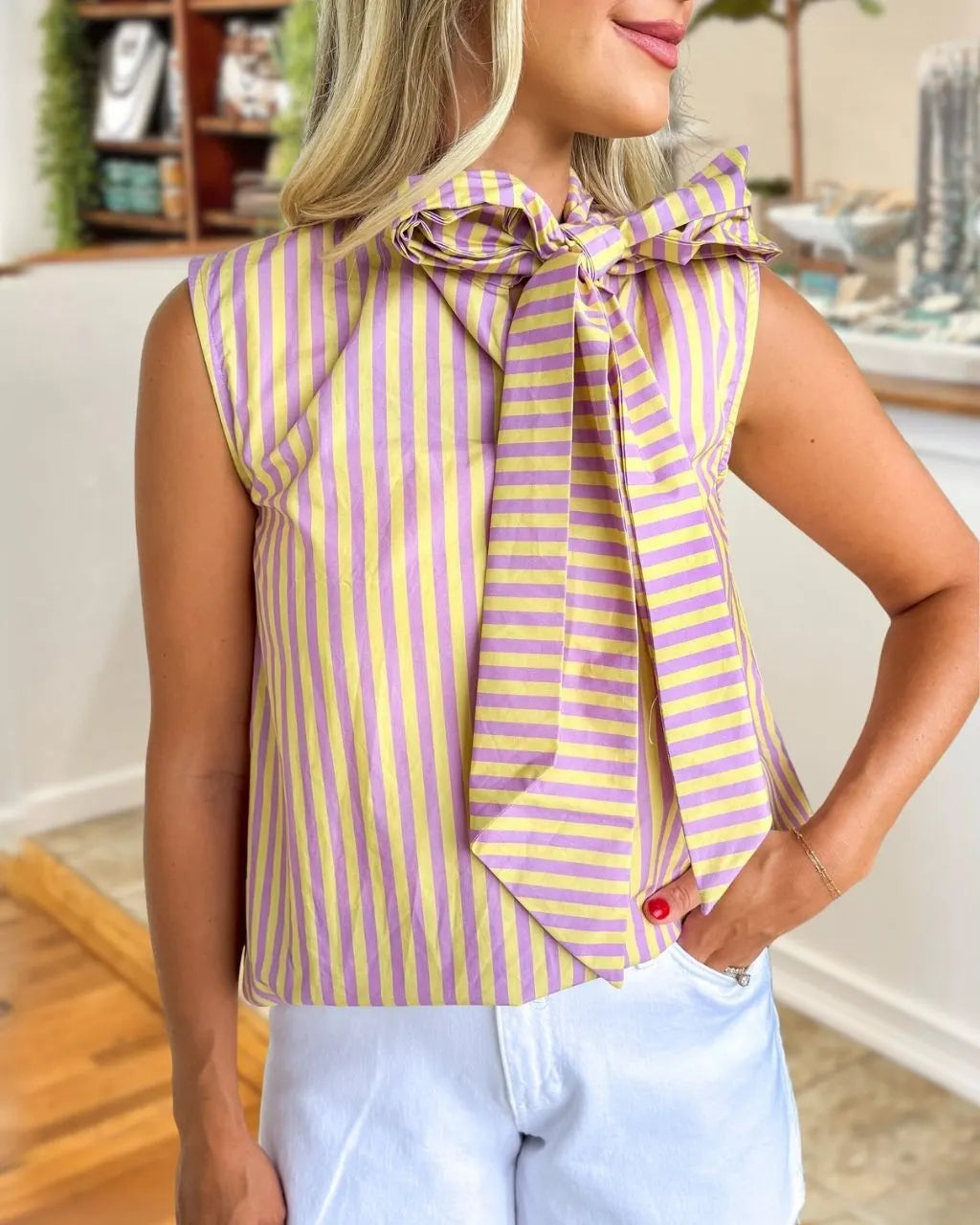 Bow Tie Striped Sleeveless Satin Top
