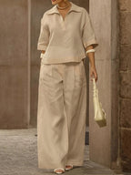 🎁New Arrivals🔥Solid Color Cotton And Linen Half Sleeves Lapel Blouses High Waisted Pants Two Pieces Set