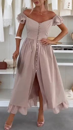 Women's Elegant Dress - Flutter Sleeves - Faux-Layered Design with Side Slits