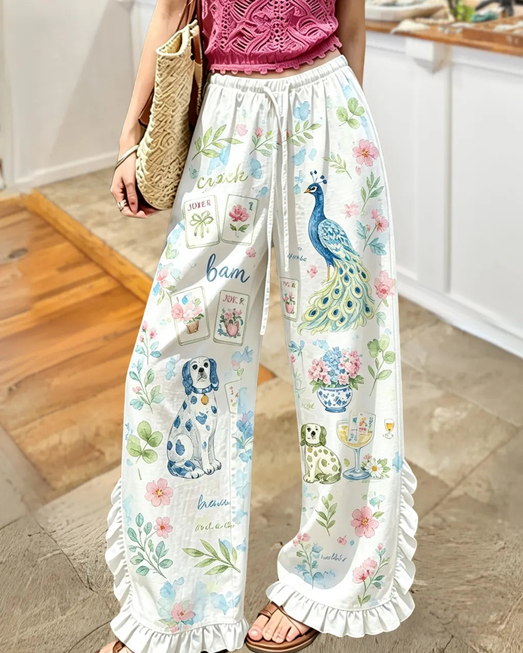 Floral Mahjong Peacock Pattern Pants