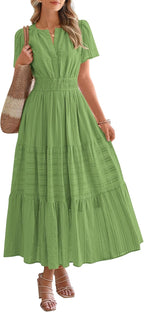 HOT SALE Womens Summer Lightweight Short Sleeve V Casual Midi Maxi Dresses