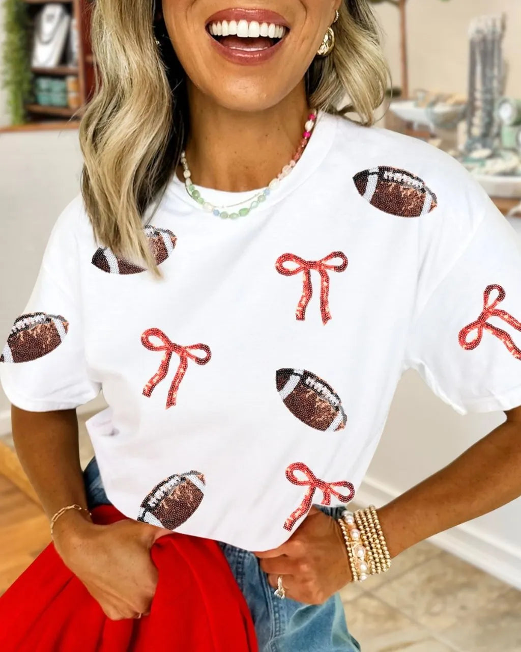 Football Bow Sequined Tee