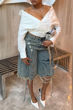 Off-Shoulder Wrap Shirt & Denim Cargo Knee Shorts Outfit