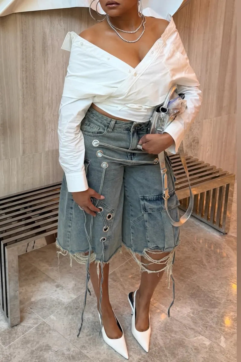 Off-Shoulder Wrap Shirt & Denim Cargo Knee Shorts Outfit