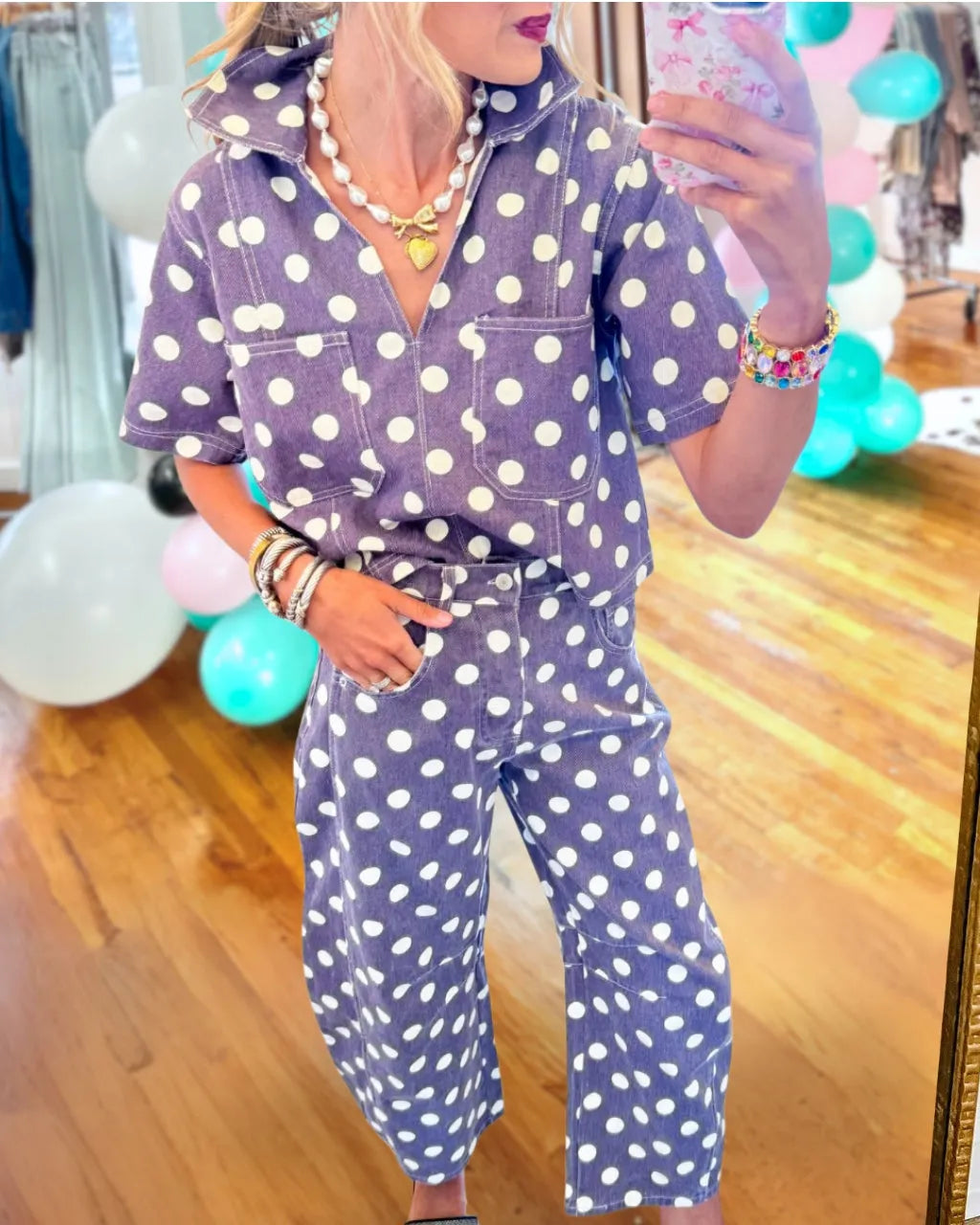 Polka Dot Washed Denim Pants