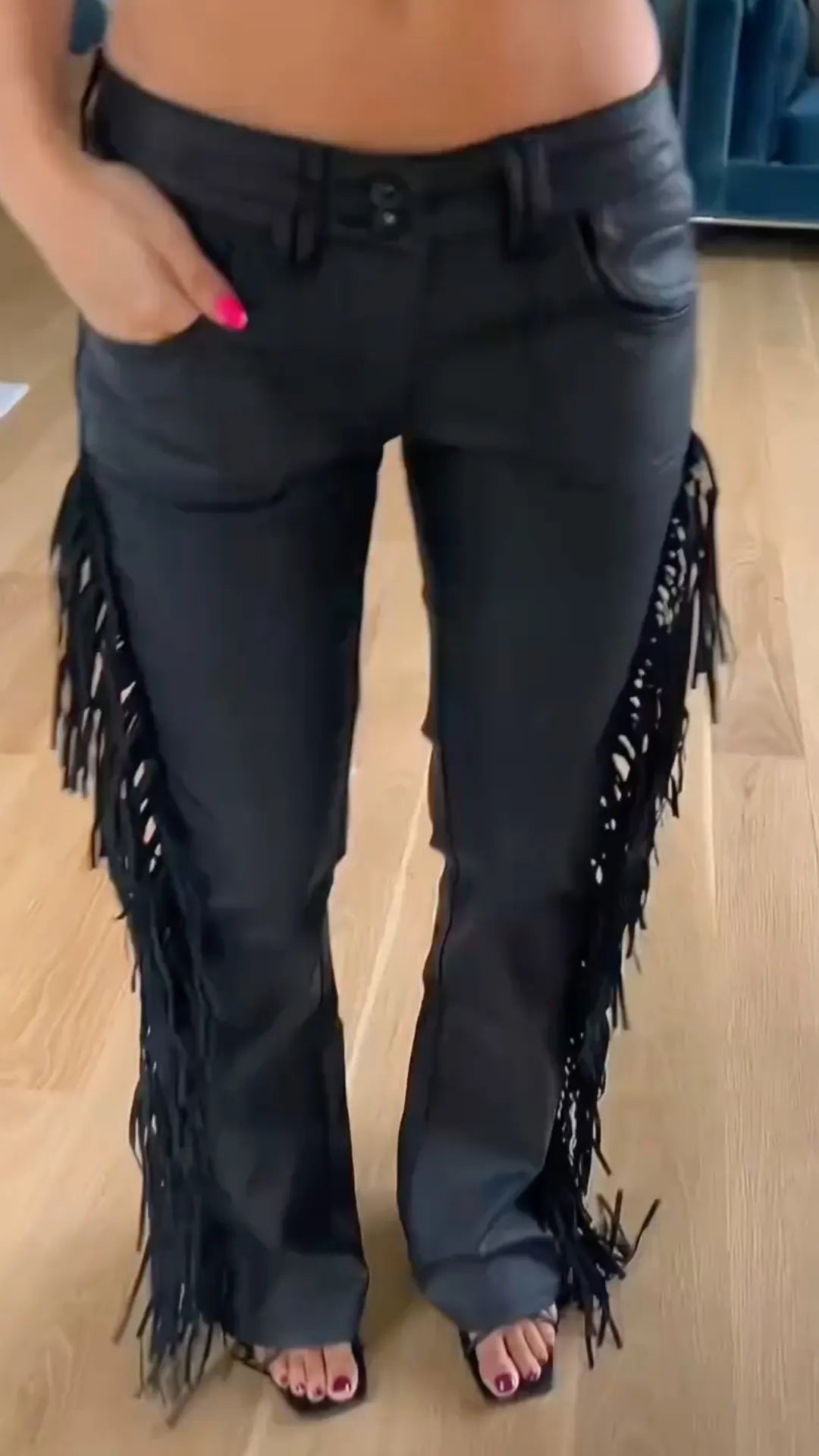 Low-Rise Fringe Faux Leather Flare Pants