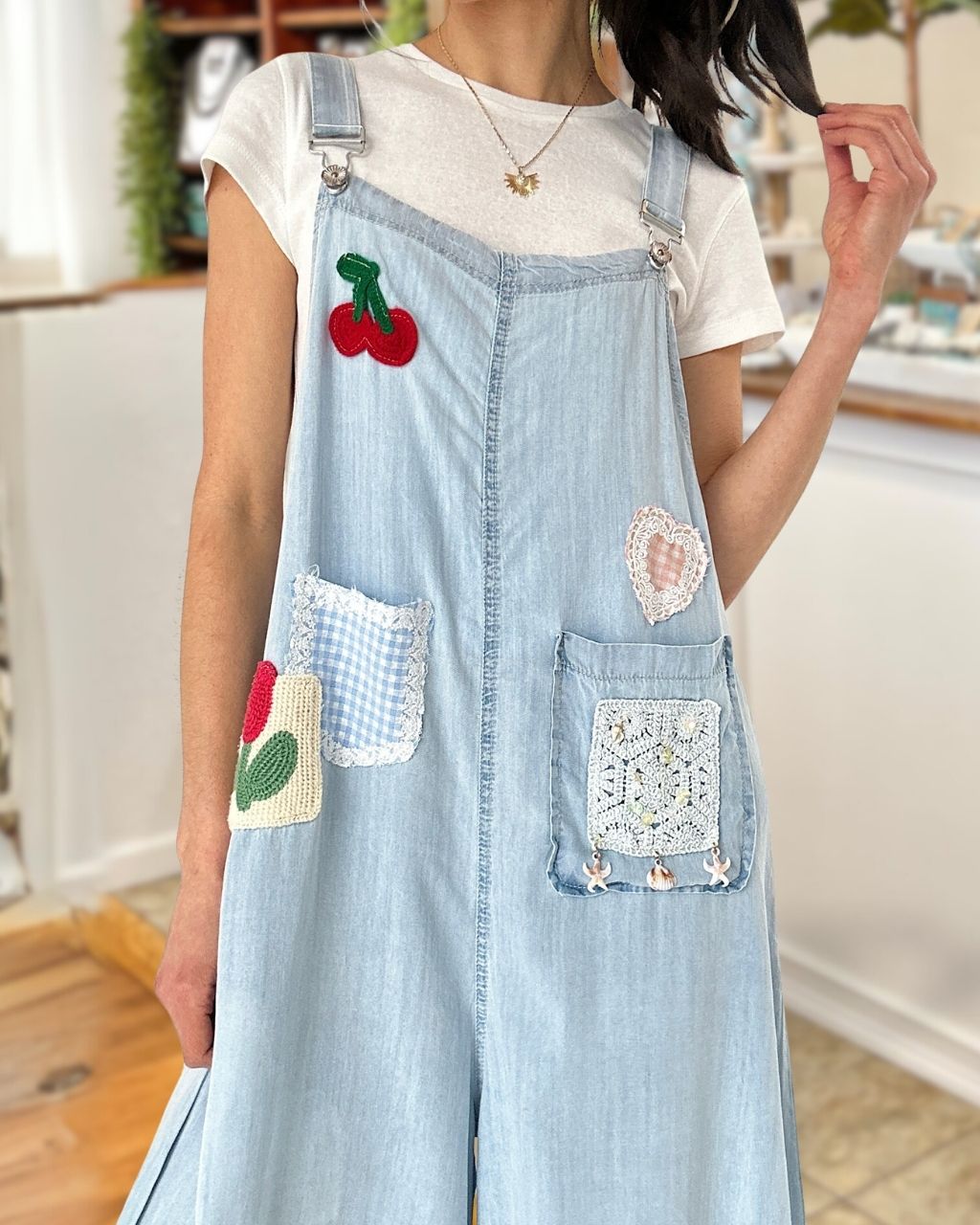Cherry Embroidered Denim Overalls