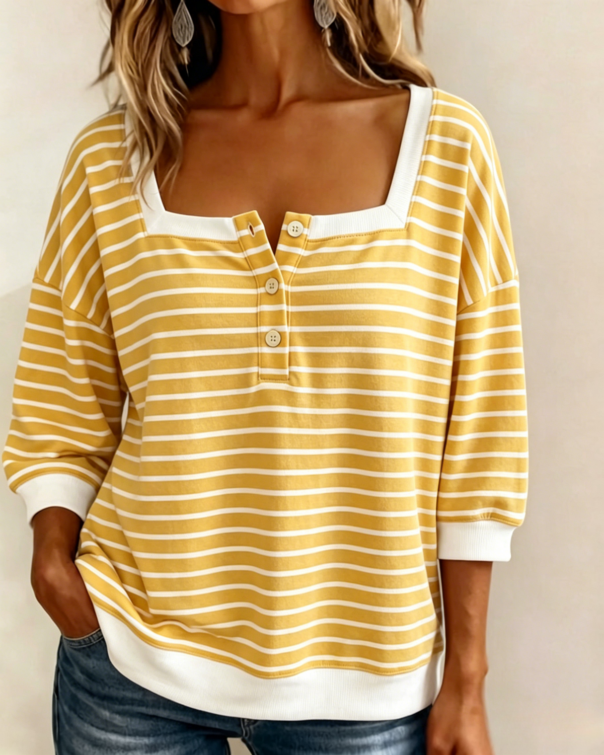 Womens Striped Square Neck Three Quarter Sleeve Henley Top