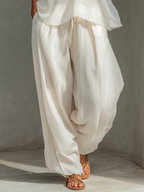 Semi-sheer Chiffon Sleeveless Top & Cotton And Linen Blend Drawstring Wide-Leg Trousers