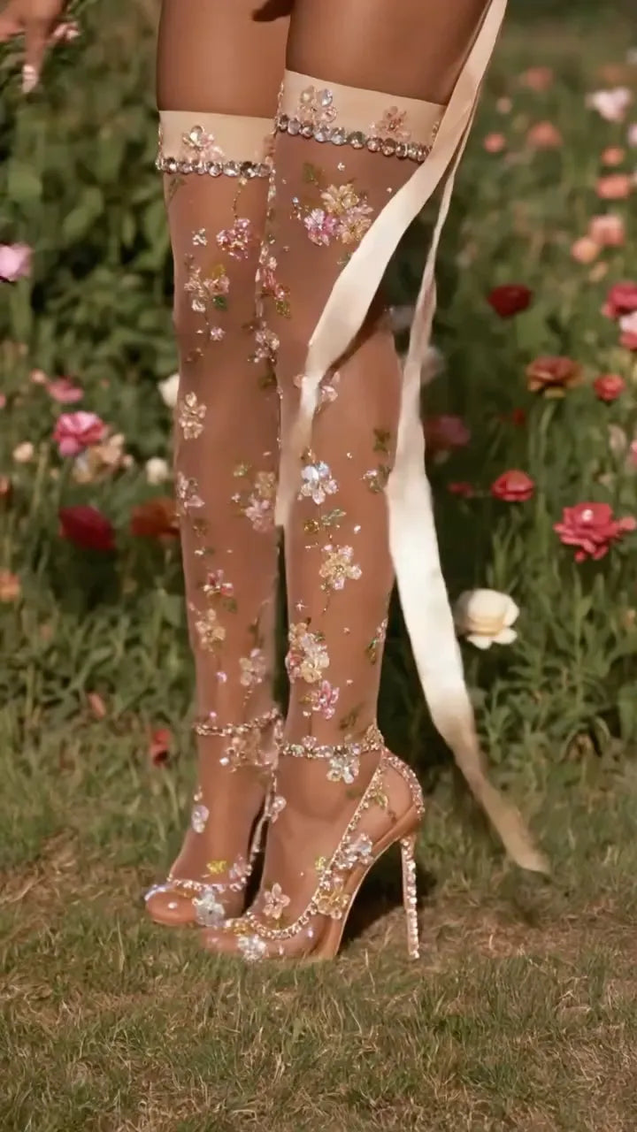 Floral Rhinestone Over-the-knee Socks
