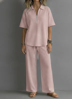 CLEARANCE SALE🔥 Women’s Casual Waffle Zipper Shirt and Wide-leg Pants Set