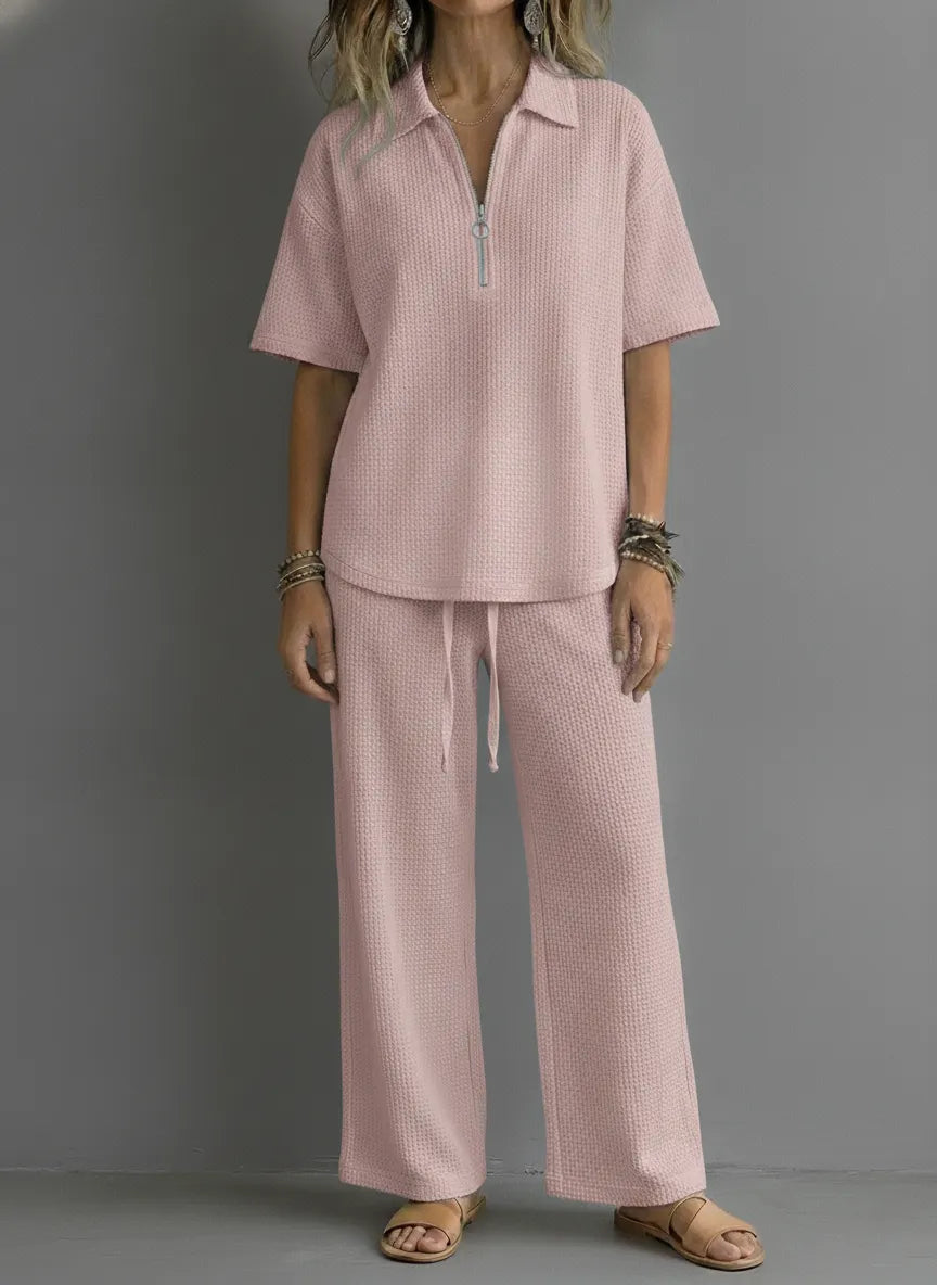 CLEARANCE SALE🔥 Women’s Casual Waffle Zipper Shirt and Wide-leg Pants Set