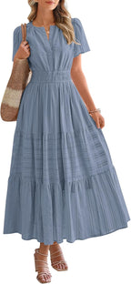 HOT SALE Womens Summer Lightweight Short Sleeve V Casual Midi Maxi Dresses