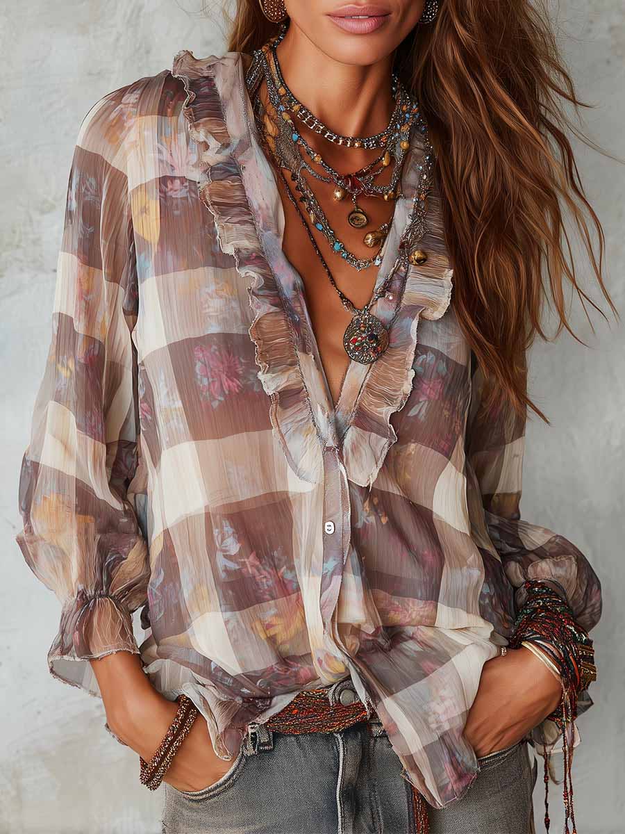 CLEARANCE SALE✨ Plaid Print V Neck Long Sleeve Blouse
