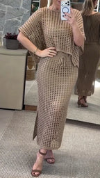 Crochet Knit Top And Midi Skirt Set