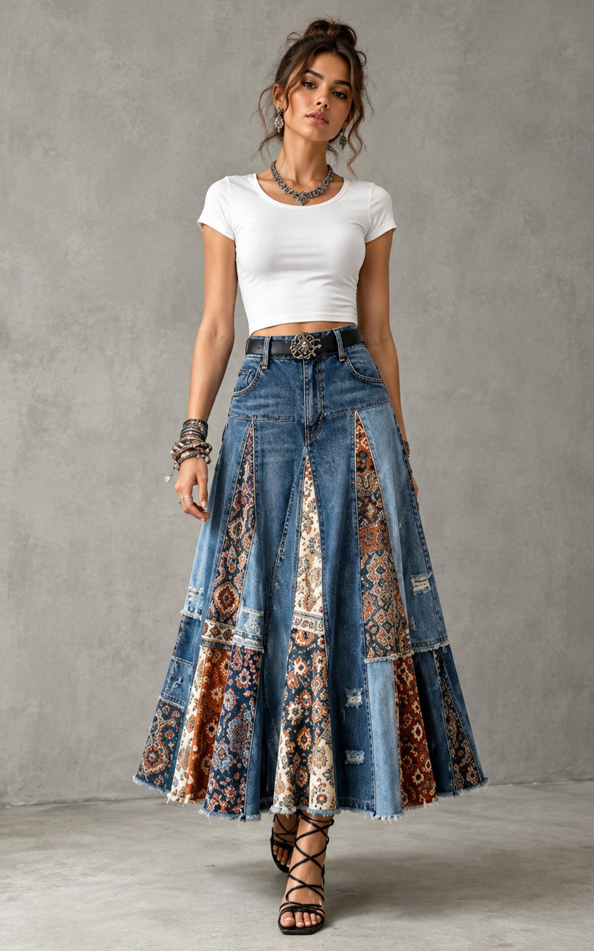 Vintage Ethnic Print Patchwork Denim Long Skirt