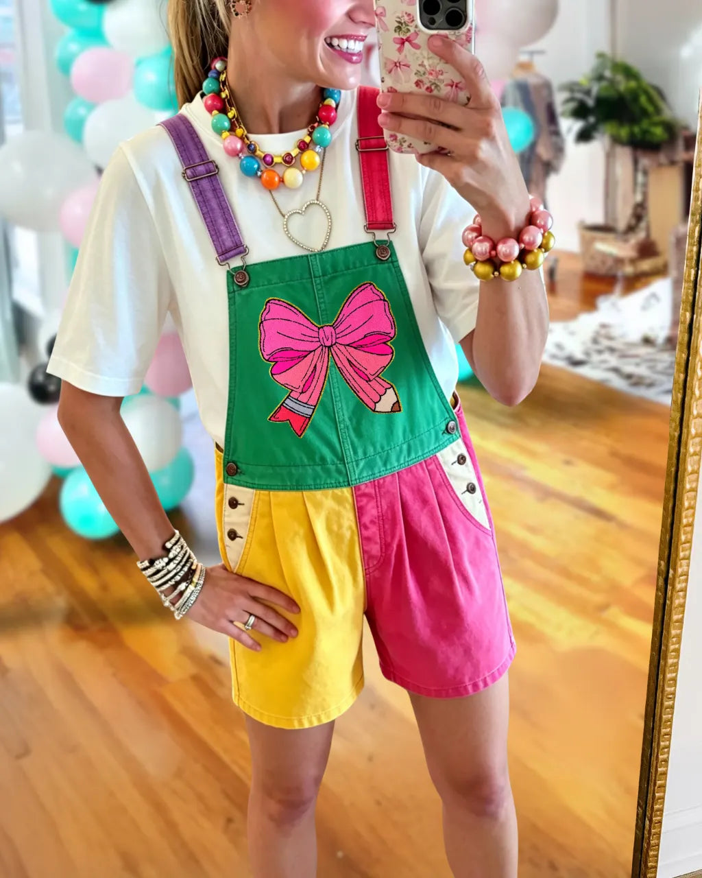 Color-blocked Bow Pencil Embroidered Overalls
