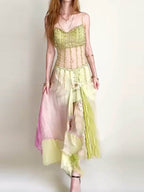 3D Flower mesh Ruffled Sleeveless Spaghetti-Neck Maxi Dresses Fairytale Dress
