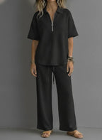 CLEARANCE SALE🔥 Women’s Casual Waffle Zipper Shirt and Wide-leg Pants Set