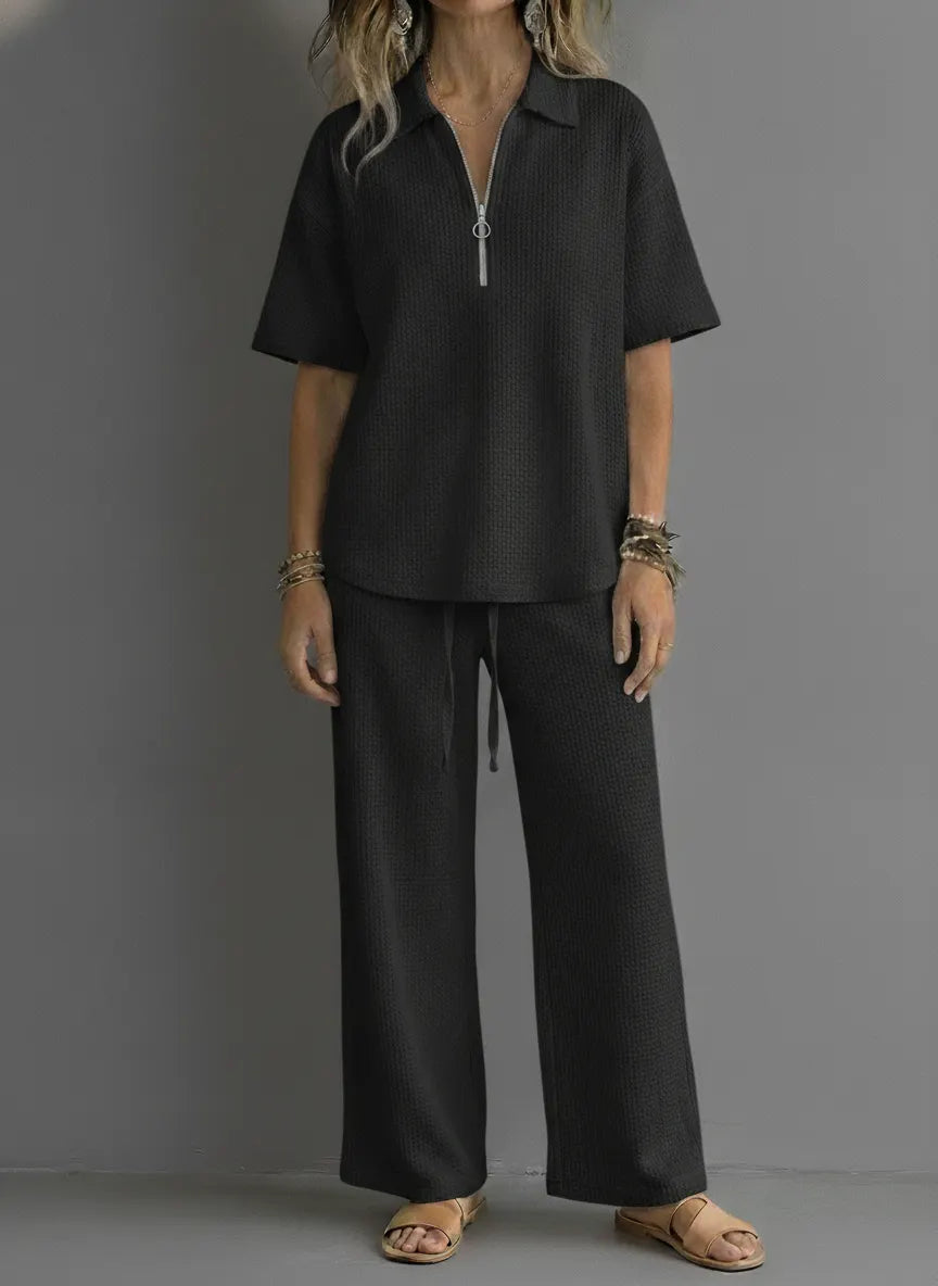 CLEARANCE SALE🔥 Women’s Casual Waffle Zipper Shirt and Wide-leg Pants Set