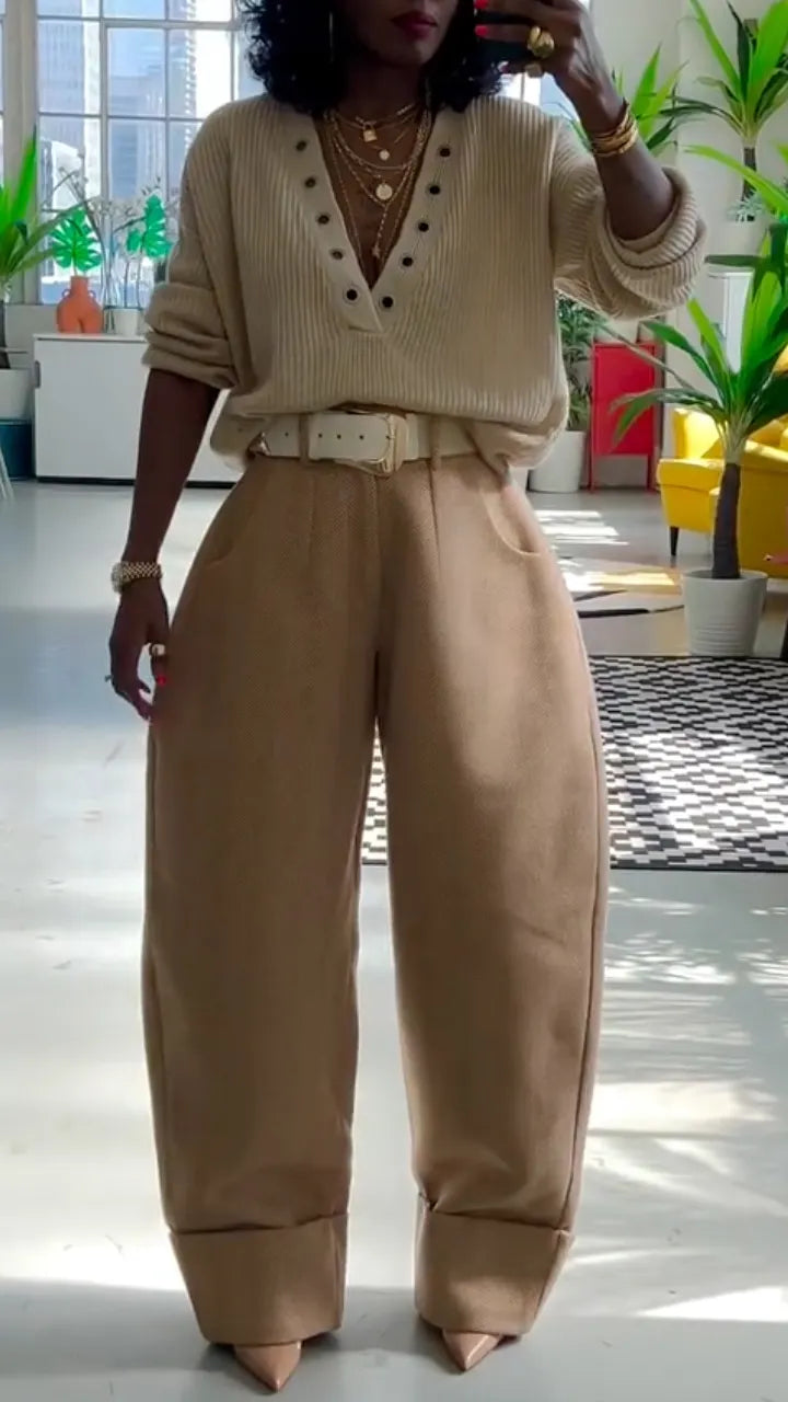 Knit Sweater & Beige Barrel Pants Co-ord Set