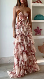 Butterfly Beaded Ruffled Floral Maxi Gown