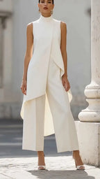 High Neck Asymmetrical Layer Vest & Wide Leg Pant Two Piece Formal Set