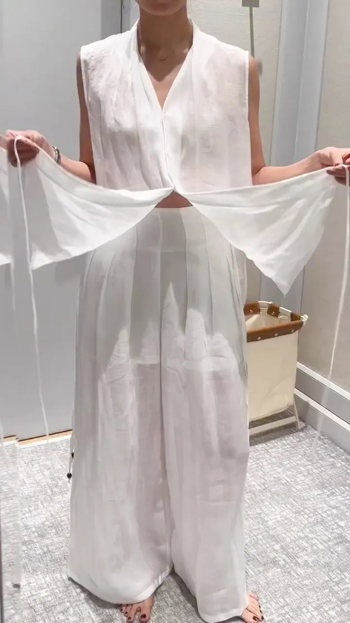 White Wrap Tie Sleeveless Linen Two-Piece Set