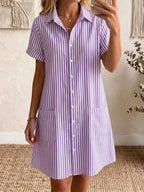 Clearance Sale🔥 Women's Cozy Lapel Classic Striped Cotton Linen Shirt Dress