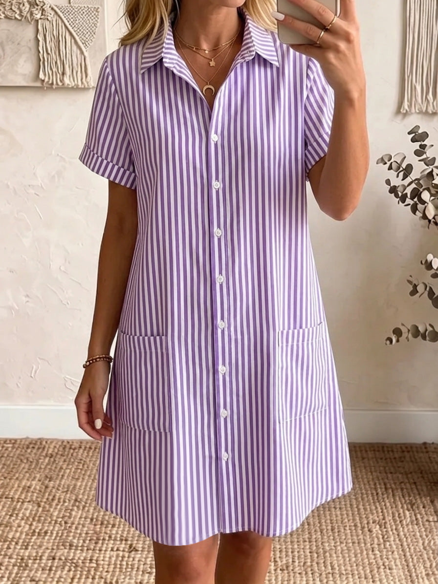 Clearance Sale🔥 Women's Cozy Lapel Classic Striped Cotton Linen Shirt Dress