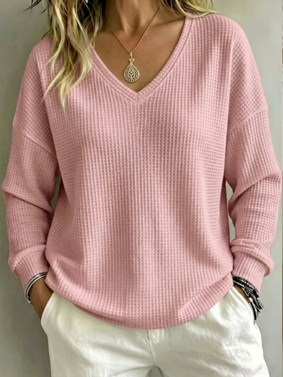 New Arrival🔥 Women's Casual V-Neck Waffle Top Sweatshirt
