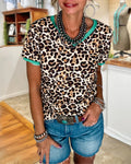 Leopard Print Colorblock Trim Tee