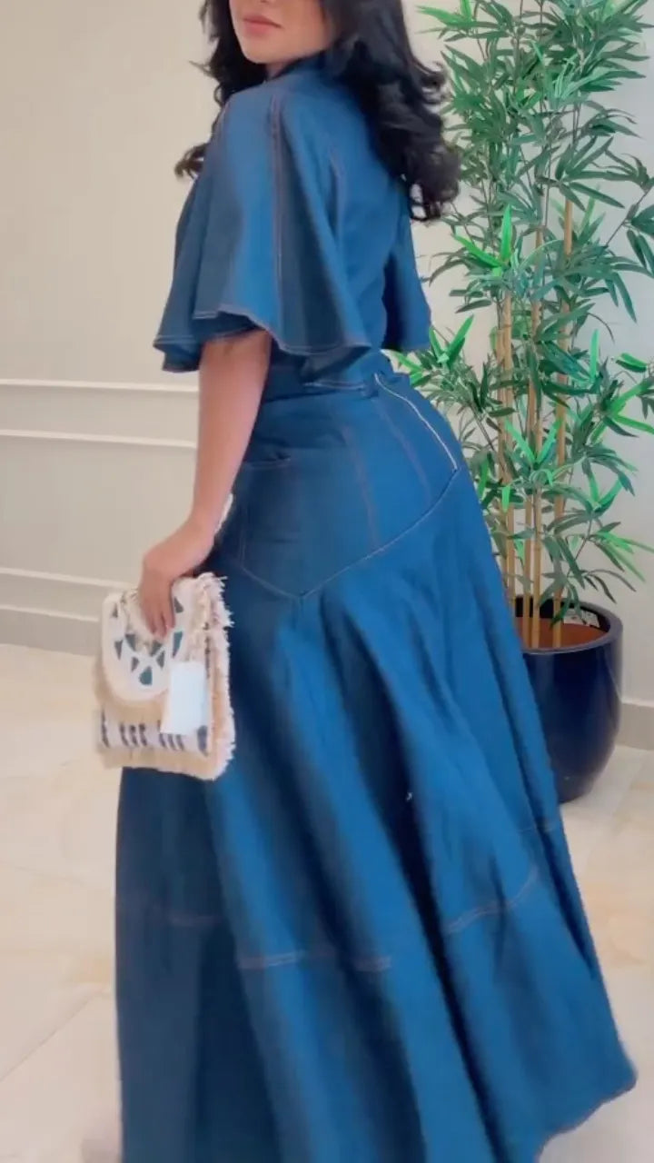 Dark Denim Flare-Sleeve Top & Maxi Skirt Two-Piece
