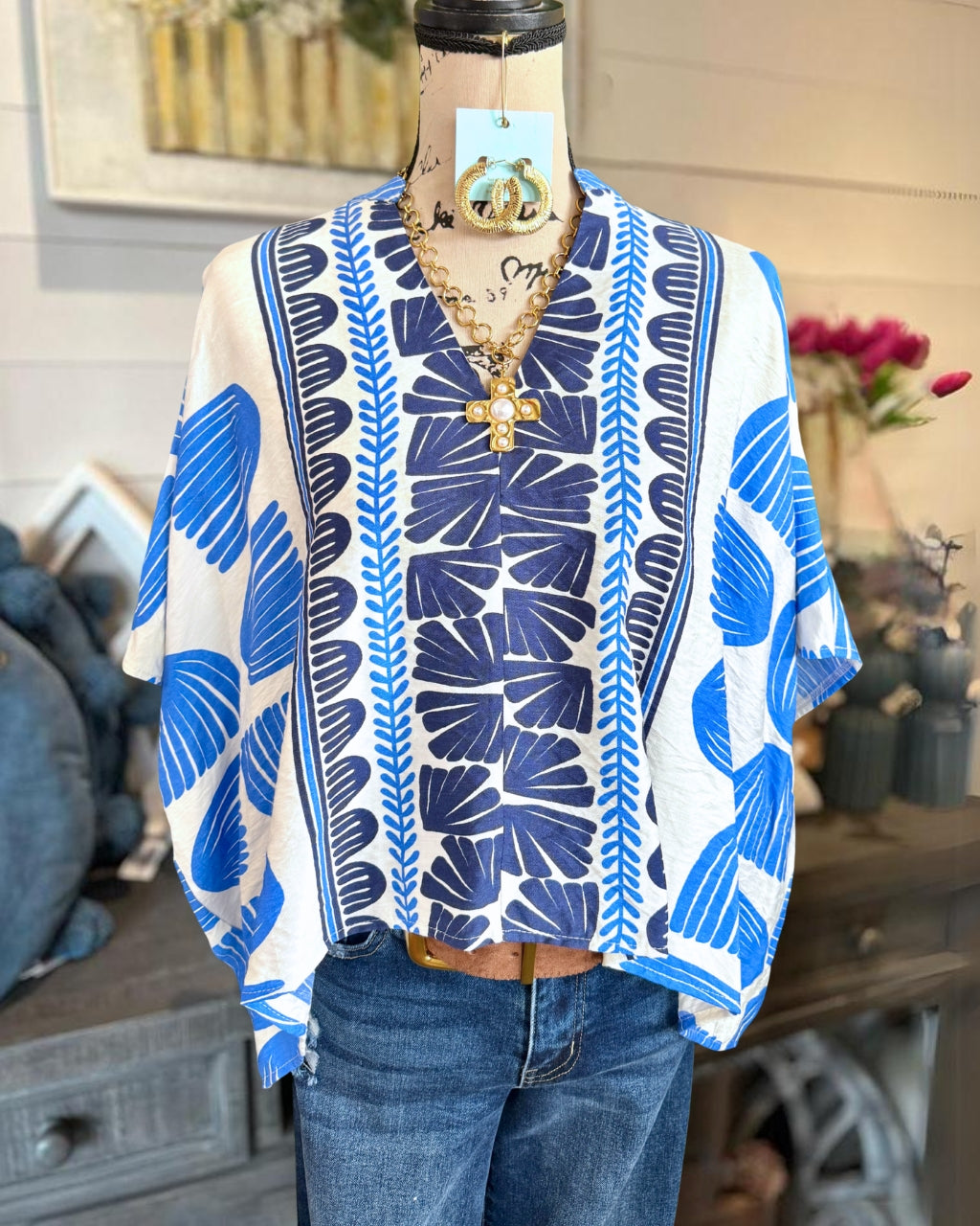 Chic Patterned Batwing Sleeve Top