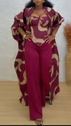 Printed Long Kimono Robe & Pant 3-Piece Suit