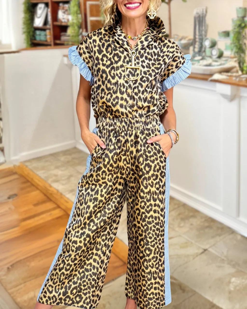 Contrasting Ruffle Trim Leopard Satin Set