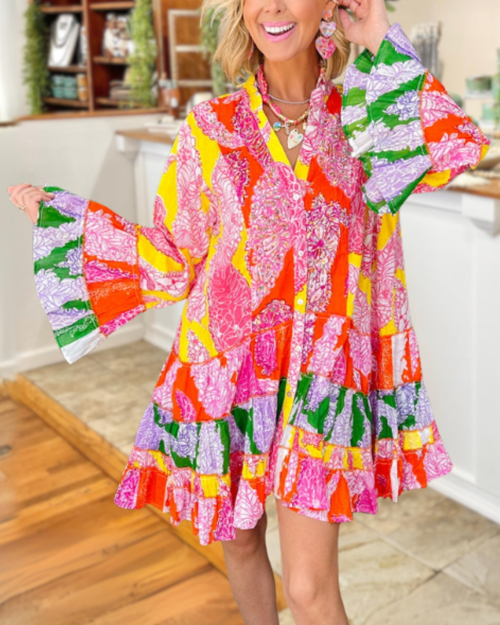 Colorful Floral Bell-Sleeve Dress