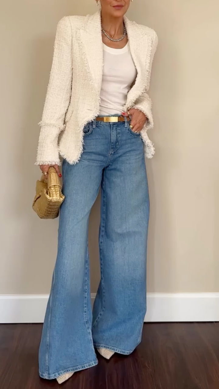 White Tweed Blazer & Wide-Leg Denim Outfit