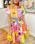 Mixed Insect Color-Blocked Satin Shirt Dress