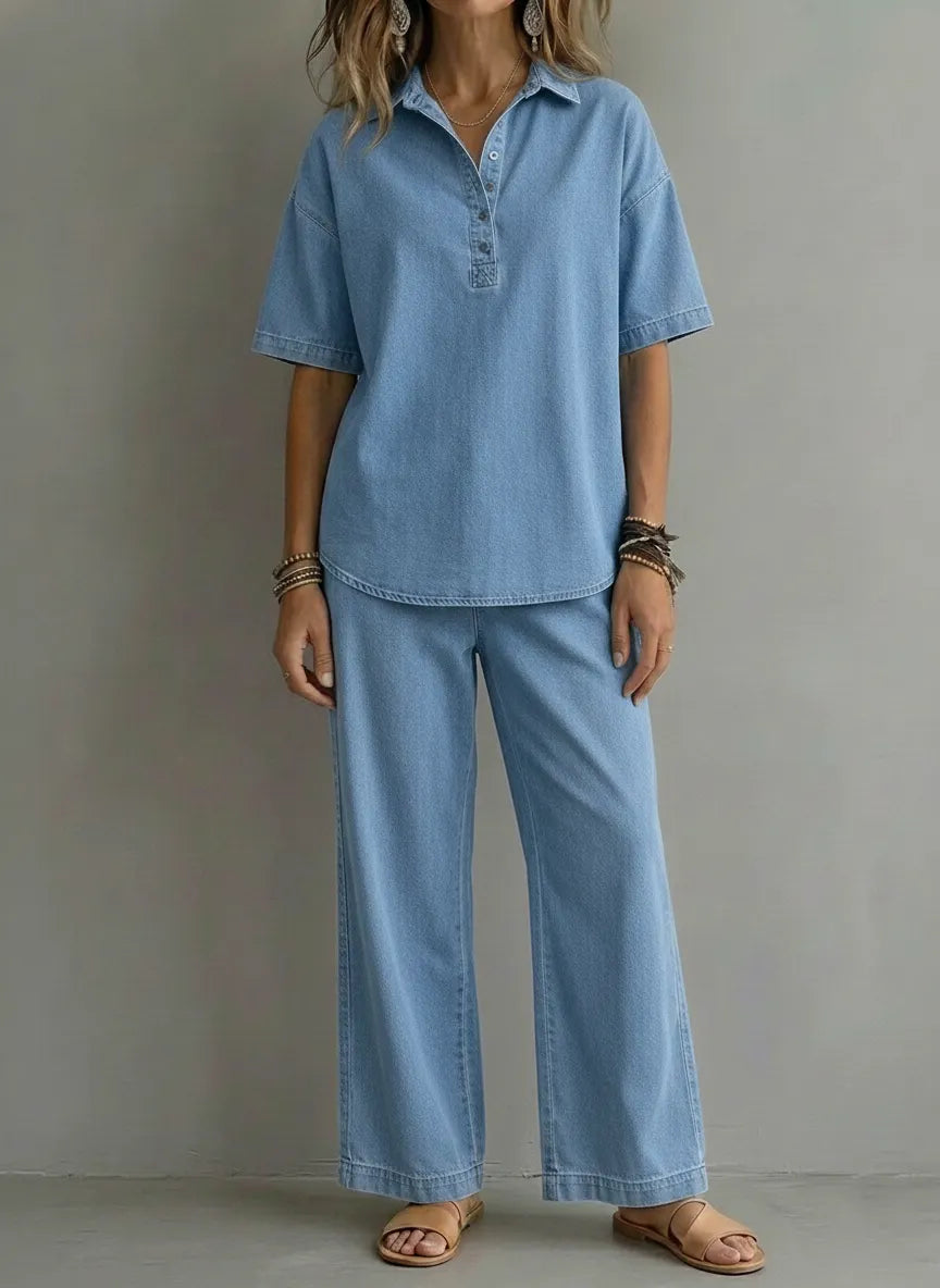 CLEARANCE SALE🔥 Women’s Casual Denim-Style Button Shirt and Wide-leg Pants Set