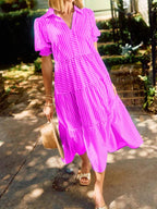 NEW🔥 V-Neck Pleated Short Sleeve Striped Shirt Dress