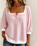 Womens Striped Square Neck Three Quarter Sleeve Henley Top